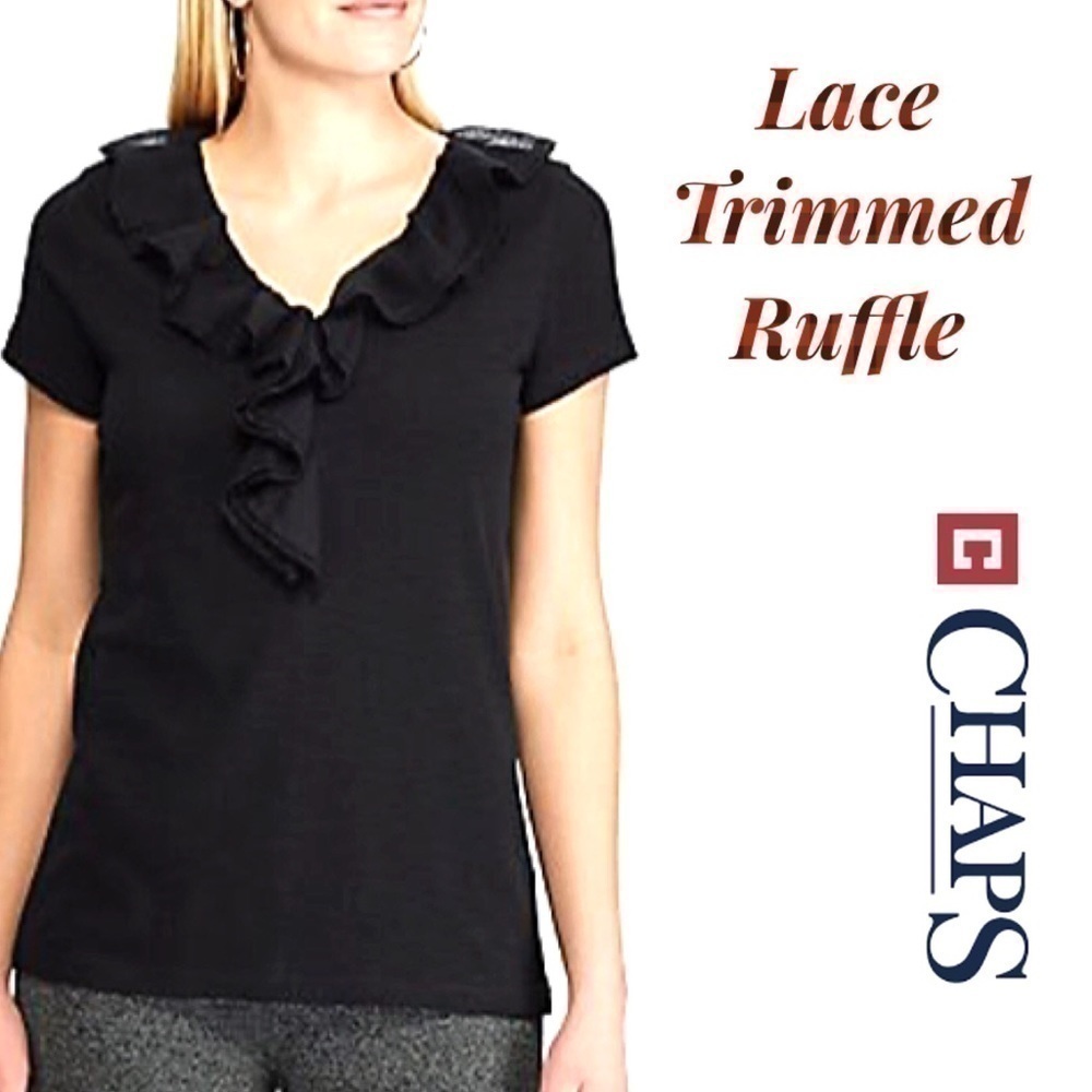 𝅺Ralph Lauren Chaps Black Top V Neck Lace Trimmed Ruffle Femme Summer Pullover
